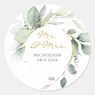 Modern Eucalyptus Greenery Gold Mr. & Mrs. Classic Classic Round Sticker