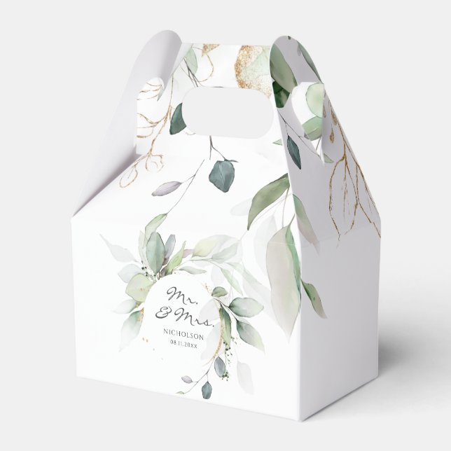Modern Eucalyptus Greenery Gold Mr. & Mrs.  Favor  Boxes (Front Side)