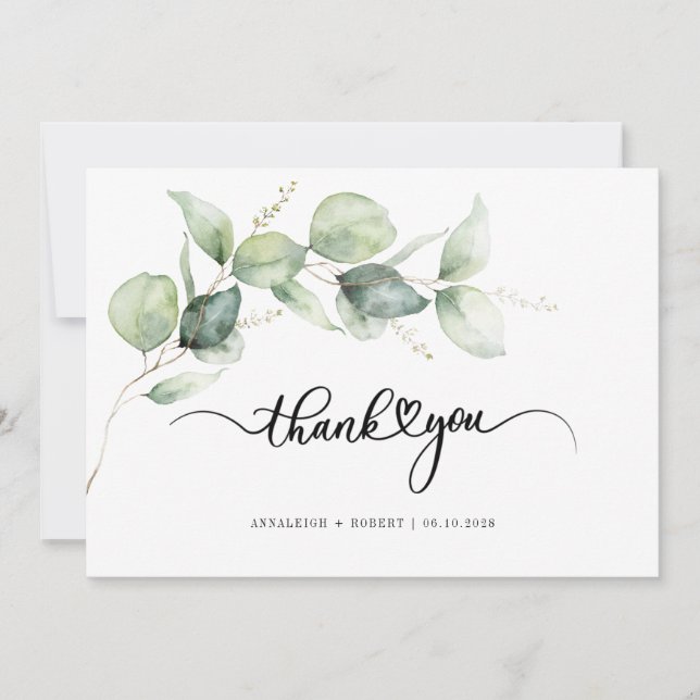 Modern Eucalyptus Greenery Hand-Lettered Wedding Thank You Card (Front)
