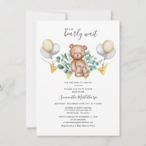 Modern Eucalyptus Greenery Leaves Bear Baby Shower Invitation