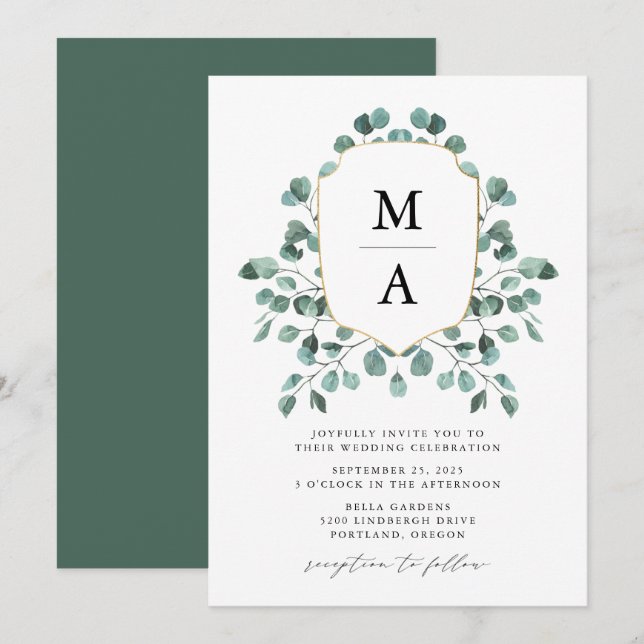 Modern Eucalyptus Greenery Monogram Wedding Invitation (Front/Back)