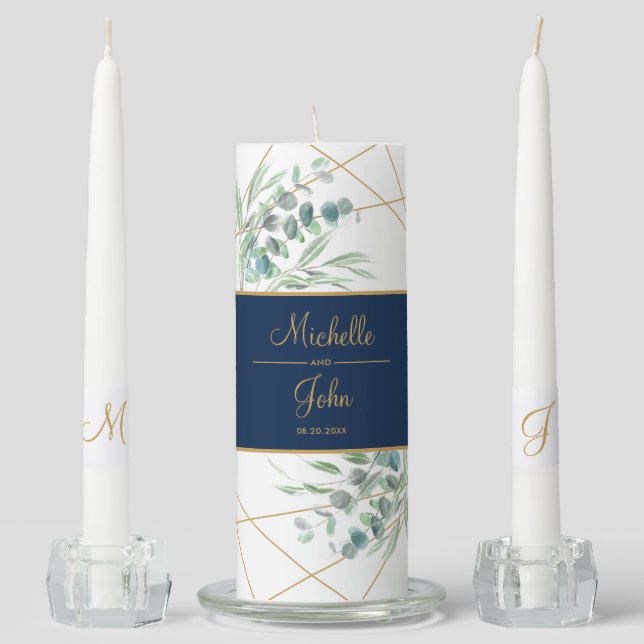 Modern Eucalyptus Greenery Navy Blue Name Script Unity Candle Set (Front)