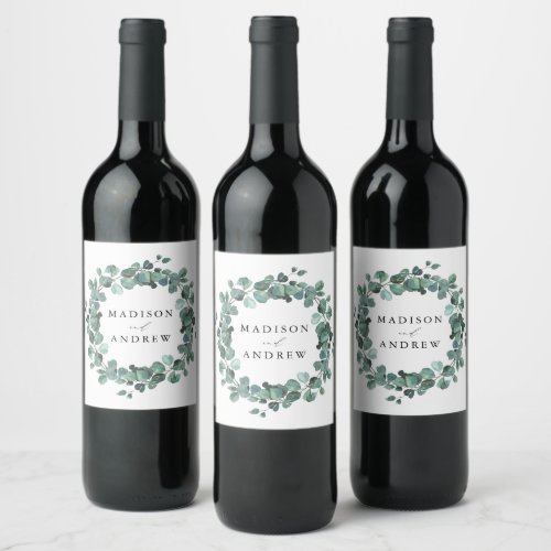 Modern Eucalyptus Greenery Personalized Wedding Wine Label