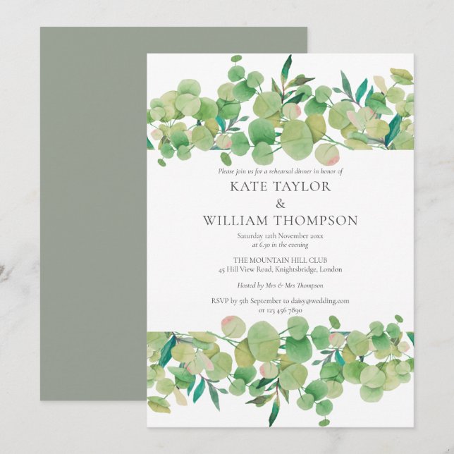 Modern Eucalyptus Greenery Rehearsal Dinner Invitation (Front/Back)