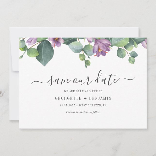 Modern Eucalyptus Greenery Script Save The Date (Front)