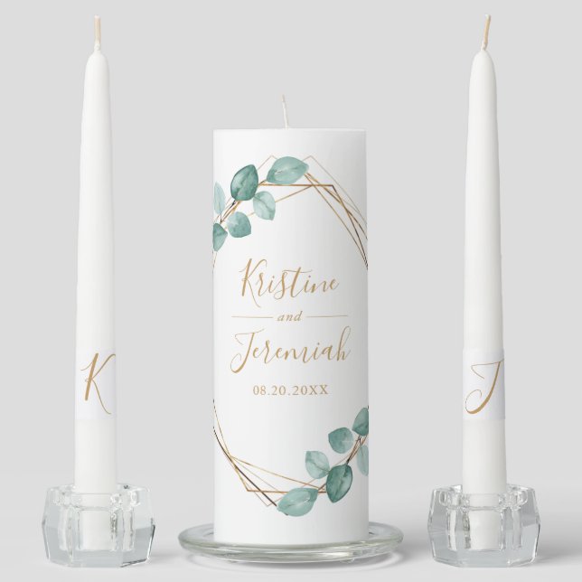 Modern Eucalyptus Greenery Watercolor Gold Frame Unity Candle Set (Front)