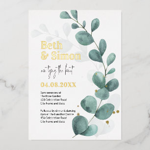 Modern Eucalyptus Greenery Watercolor Wedding Gold Foil Invitation