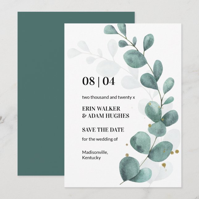 Modern Eucalyptus Greenery Watercolor Wedding Save The Date (Front/Back)