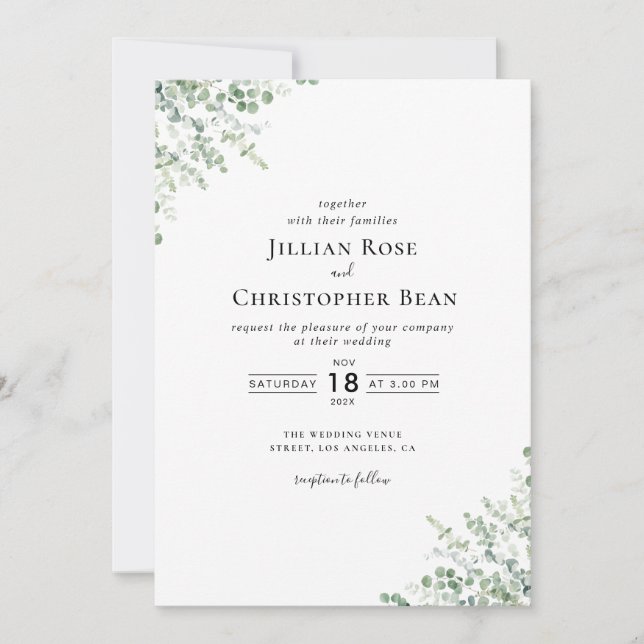 modern eucalyptus greenery wedding invitation (Front)