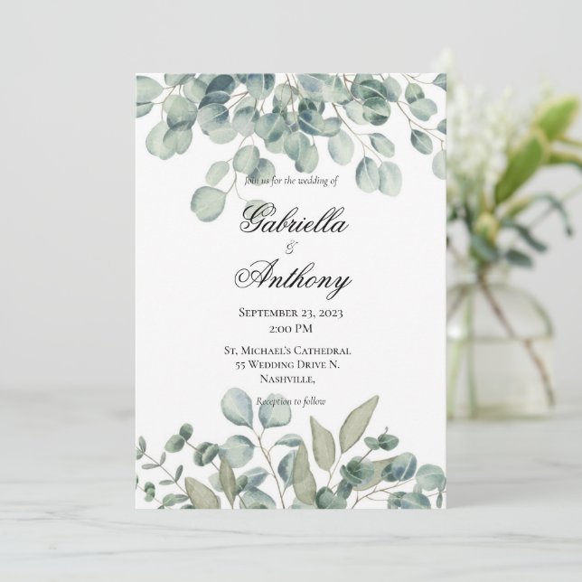 Modern Eucalyptus Greenery Wedding Invitations (Standing Front)