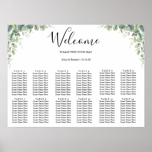 Modern Eucalyptus Greenery Wedding Seating Chart
