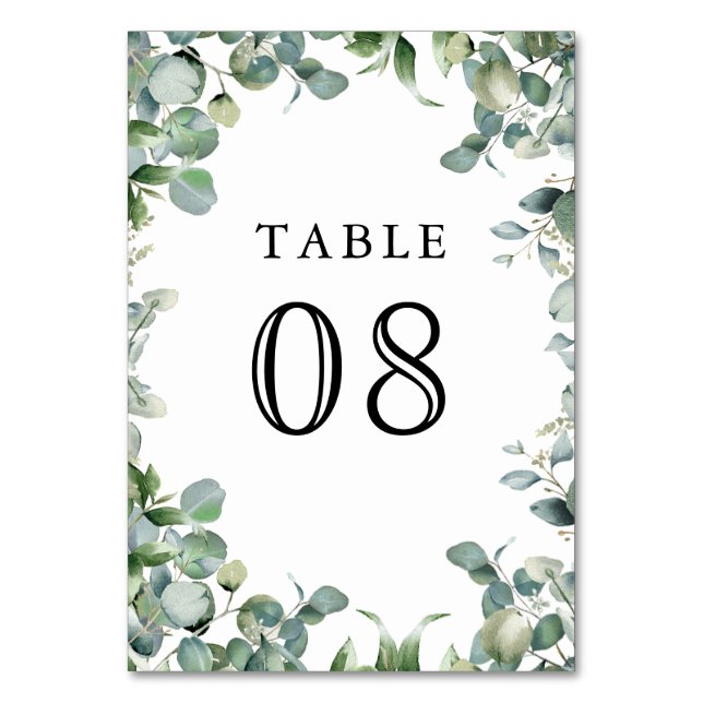 Modern Eucalyptus Greenery Wedding Table Number (Front)