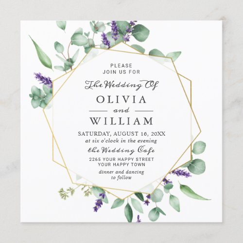 Modern Eucalyptus Lavender Geometric Frame Wedding Invitation