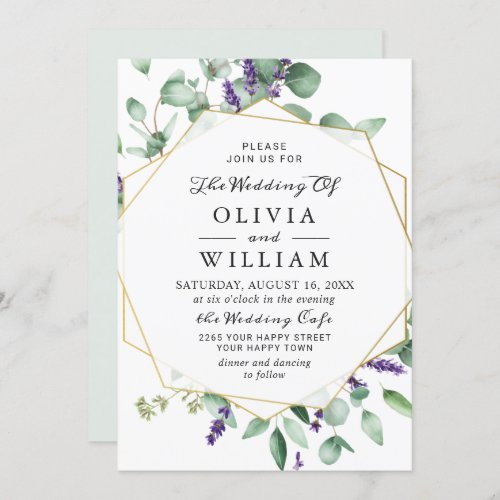 Modern Eucalyptus Lavender Geometric Frame Wedding Invitation