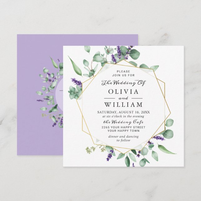 Modern Eucalyptus Lavender Geometric Frame Wedding Invitation (Front/Back)