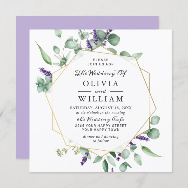 Modern Eucalyptus Lavender Geometric Frame Wedding Invitation (Front/Back)