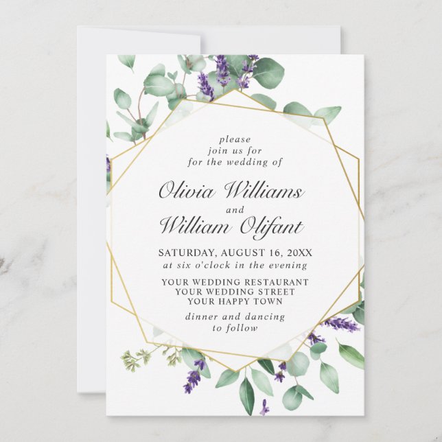 Modern Eucalyptus Lavender Geometric Frame Wedding Invitation (Front)