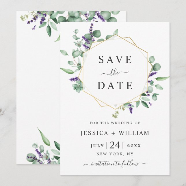 Modern Eucalyptus Lavender Geometric Frame Wedding Save The Date (Front/Back)