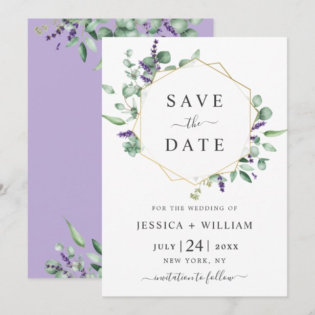 Modern Eucalyptus Lavender Geometric Frame Wedding Save The Date (Front/Back)