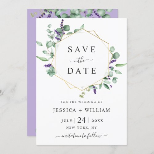 Modern Eucalyptus Lavender Geometric Frame Wedding Save The Date