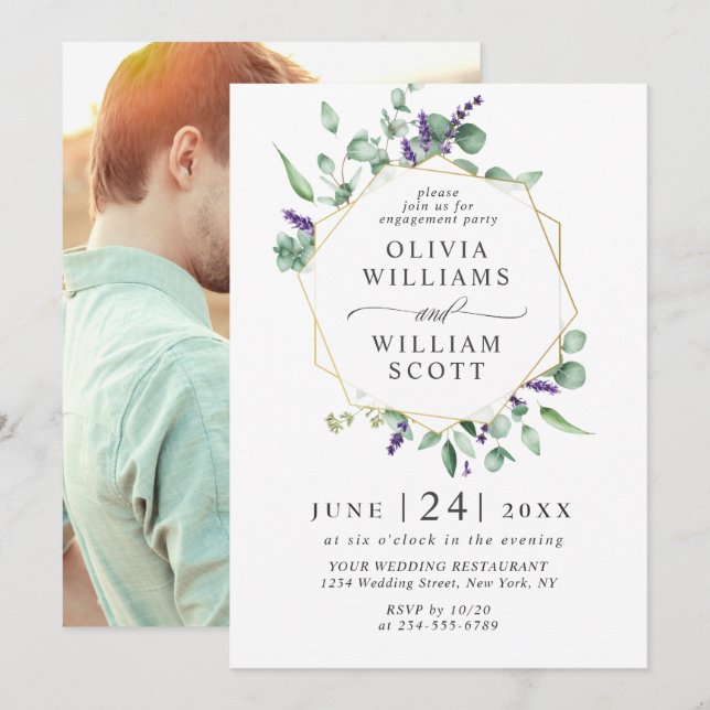 Modern Eucalyptus Lavender PHOTO ENGAGEMENT PARTY Invitation (Front/Back)