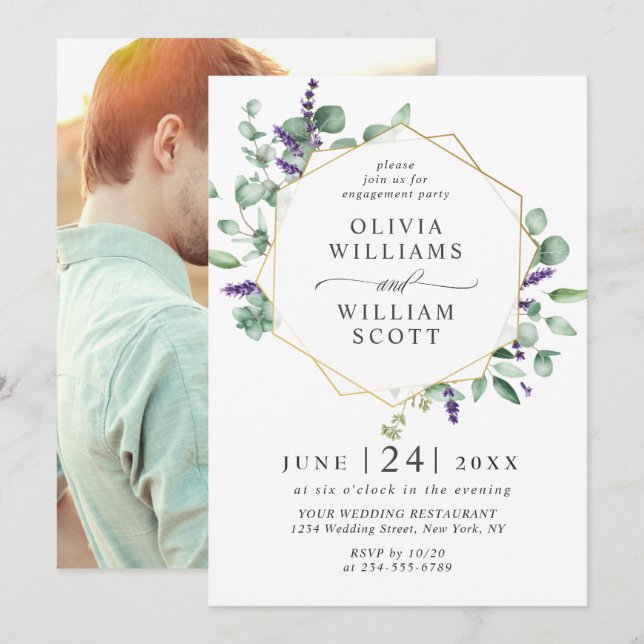 Modern Eucalyptus Lavender PHOTO ENGAGEMENT PARTY Invitation (Front/Back)