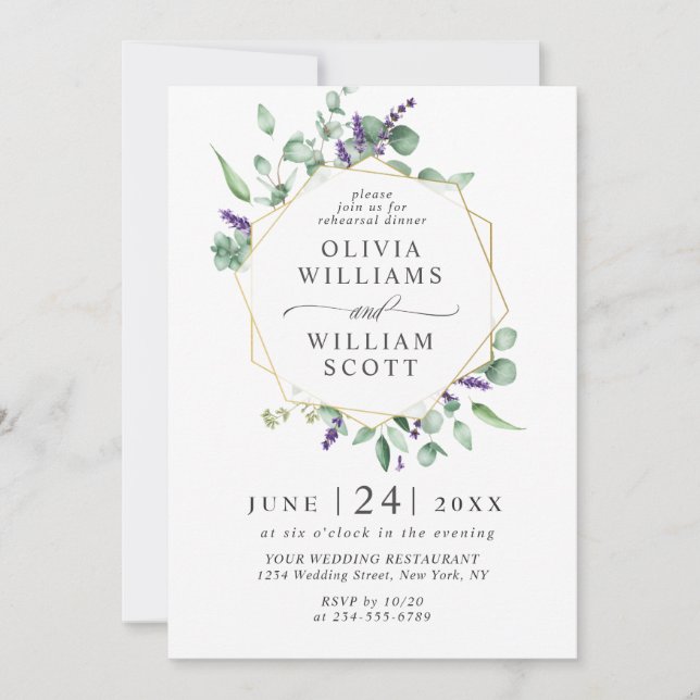 Modern Eucalyptus Lavender PHOTO REHEARSAL DINNER Invitation (Front)