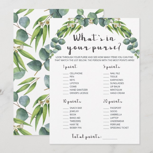 Modern Eucalyptus Leaves Bridal Shower Game (Front/Back)