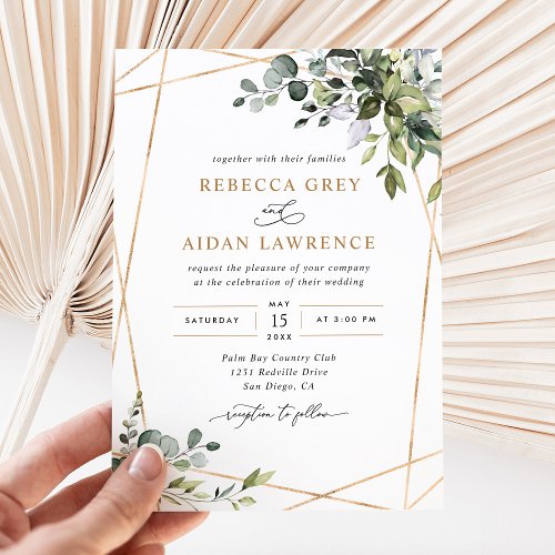 Modern Eucalyptus Leaves Gold Greenery Wedding Invitation