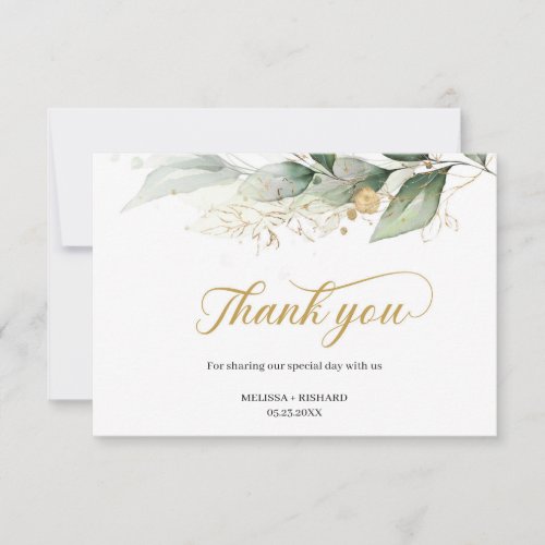 Modern eucalyptus leaves gold wedding thank you