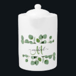 Modern Eucalyptus Leaves Monogram Name Tea Party  Teapot<br><div class="desc">Modern Eucalyptus Leaves Tea Party Teapot</div>