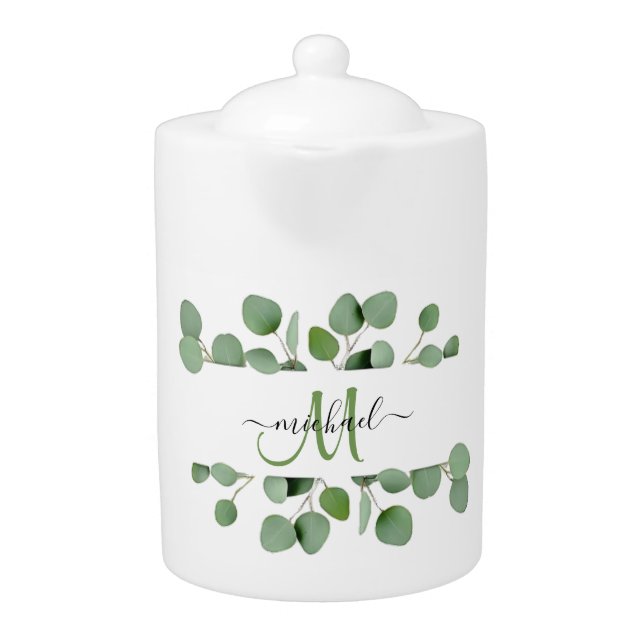 Modern Eucalyptus Leaves Monogram Name Tea Party  Teapot (Front)
