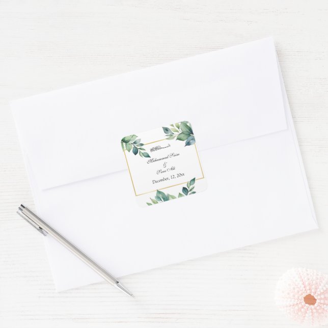 Modern Eucalyptus Leaves Muslim invitation  Square Sticker (Envelope)