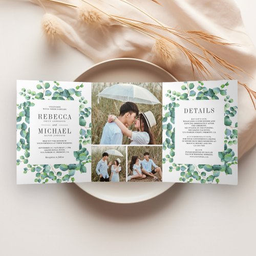 Modern Eucalyptus Leaves Photo Collage Wedding Tri_Fold Invitation