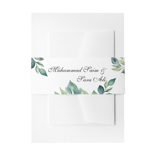 Modern Eucalyptus Leaves QR code Muslim Wedding Invitation Belly Band (Front Example)
