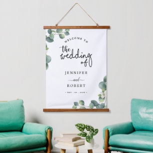 Modern Eucalyptus Leaves Rustic Wedding Welcome  Hanging Tapestry