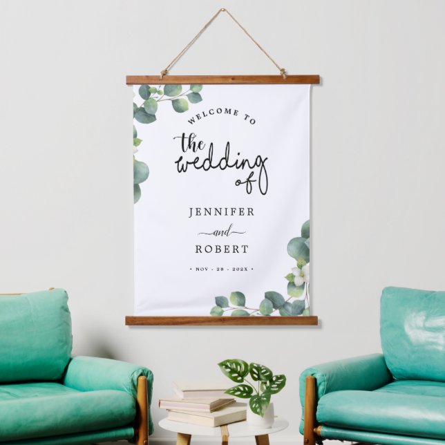 Modern Eucalyptus Leaves Rustic Wedding Welcome  Hanging Tapestry (Living Room)