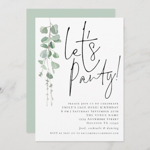 Modern Eucalyptus Lets Party Any Age Birthday Invitation