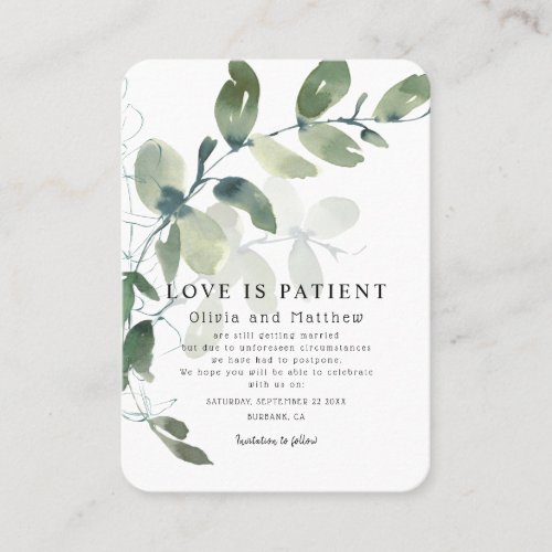 Modern Eucalyptus Love is Patient Announcement