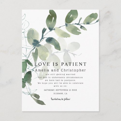 Modern Eucalyptus Love is Patient Change the Date Postcard