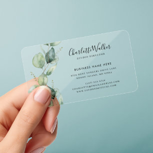 Modern Eucalyptus Minimalist Script Employees Clear Business Cards