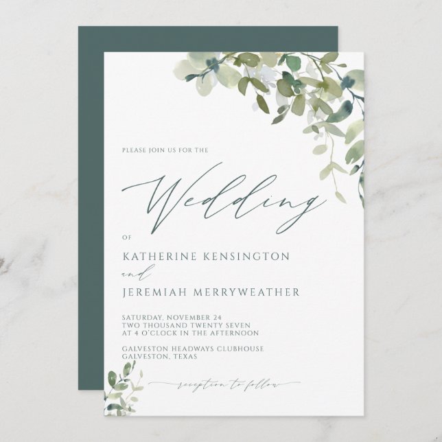 Modern Eucalyptus Minimalist Script Wedding Invitation (Front/Back)