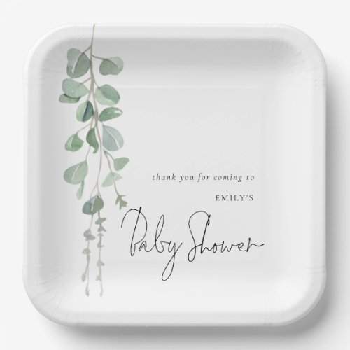 Modern Eucalyptus Name Baby Shower  Paper Plates