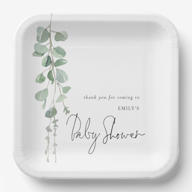Modern Eucalyptus Name Baby Shower  Paper Plates (Front)