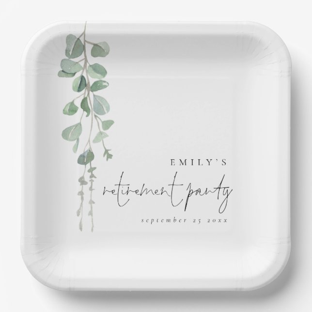 Modern Eucalyptus Name Retirement Party Paper Plates (Front)