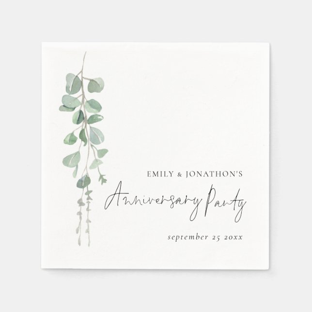 Modern Eucalyptus Names Anniversary Party Napkins (Front)