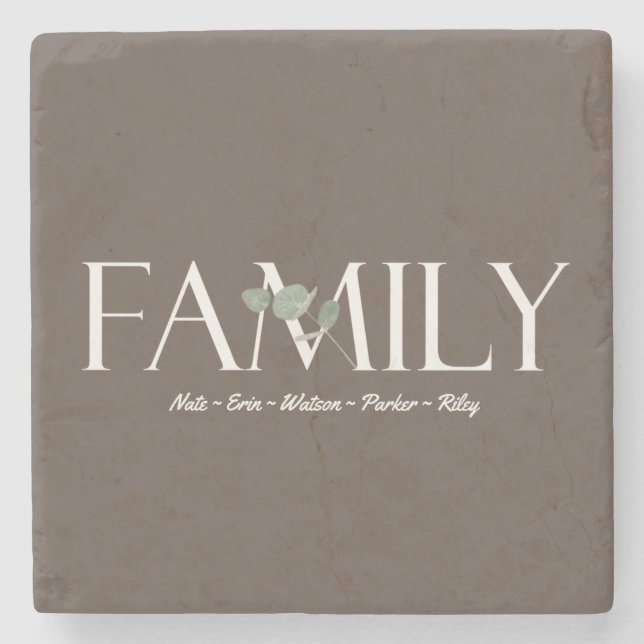 Modern Eucalyptus Personalized Family Names Stone Coaster (Front)