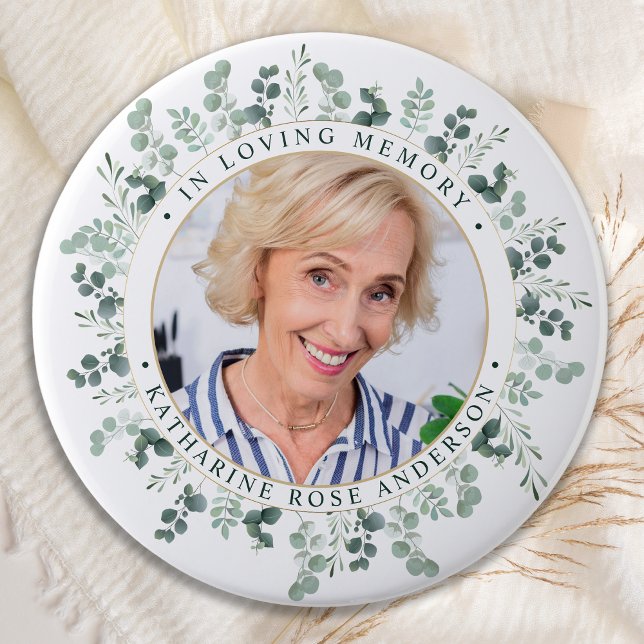 Modern Eucalyptus Personalized Photo Memorial Button (Creator Uploaded)