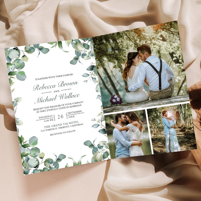 Modern Eucalyptus Photo Collage QR Code Wedding Invitation (Creator Uploaded)