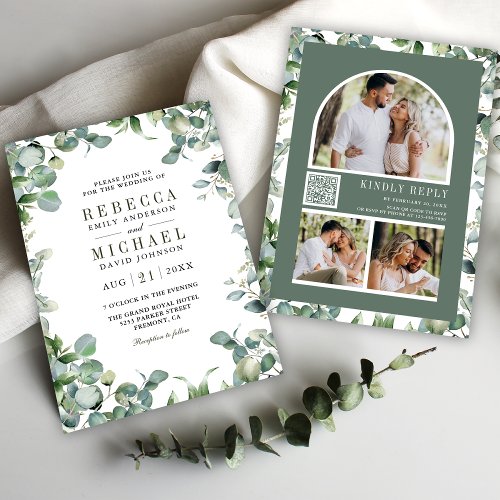 Modern Eucalyptus Photo Collage QR Code Wedding Invitation